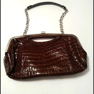 Bueno Y2K Brown Patent Faux Crocskin Evening Cocktail Envelope Shoulder Bag